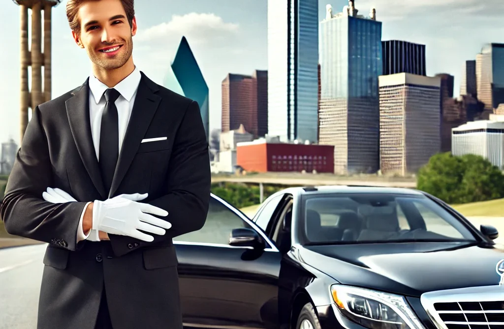 dall·e 2024 09 19 12.53.53 a professional chauffeur standing next to a luxurious black sedan in dallas, with the iconic dallas skyline in the background. the chauffeur should be