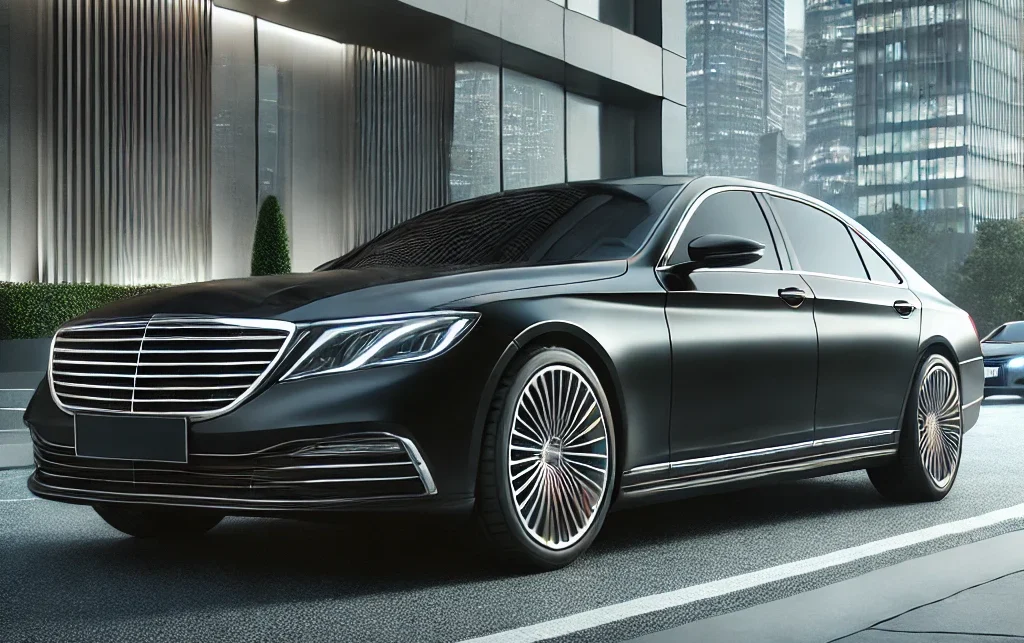 dall·e 2024 09 24 22.50.09 a professional image showing a sleek black luxury sedan in a modern urban setting, parked next to an upscale building. the car is polished and shiny,