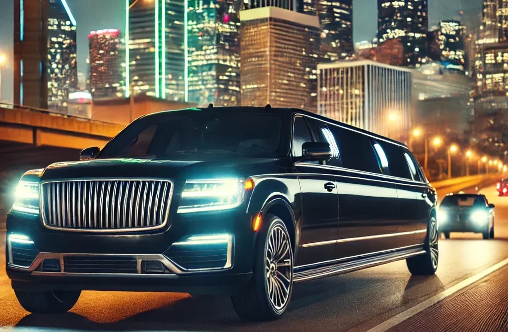 a luxurious black limousine driving through the upscale streets of dallas, texas. the vehicle is sleek and modern, with tinted windows and a polished