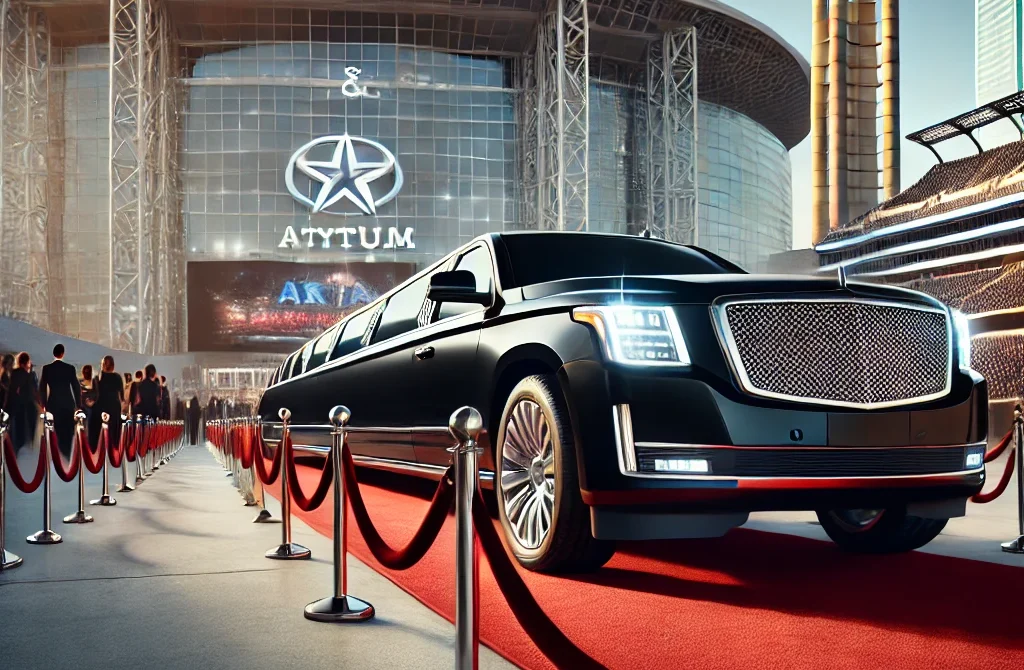 luxurious black limousine arriving at a grand event in dallas, texas. the scene features a red carpet entrance, stylishly dressed guests, and the ba