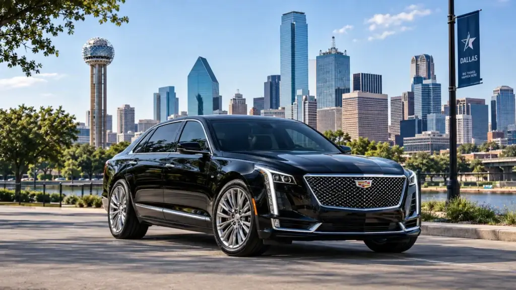 Luxury Cadillac with the Dallas skyline in the background