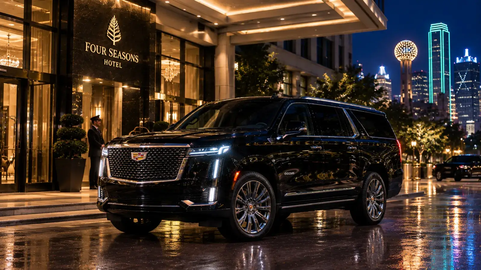 Luxury vehicle arriving at a hotel entrance at night