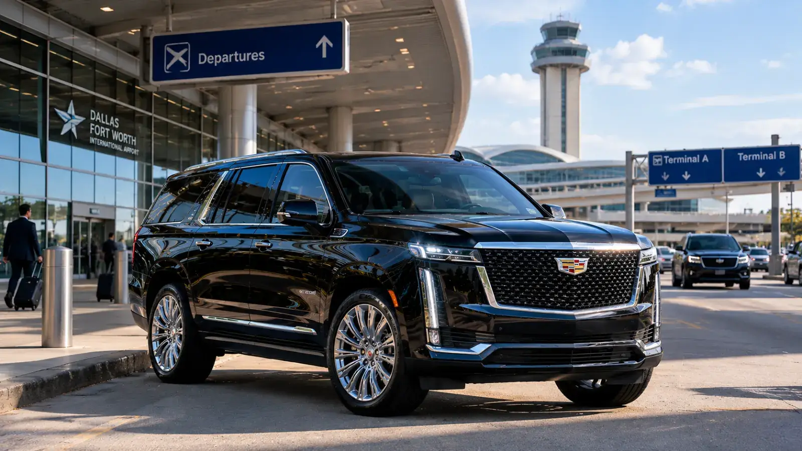 Luxury black SUV waiting at Dallas airport departures curb