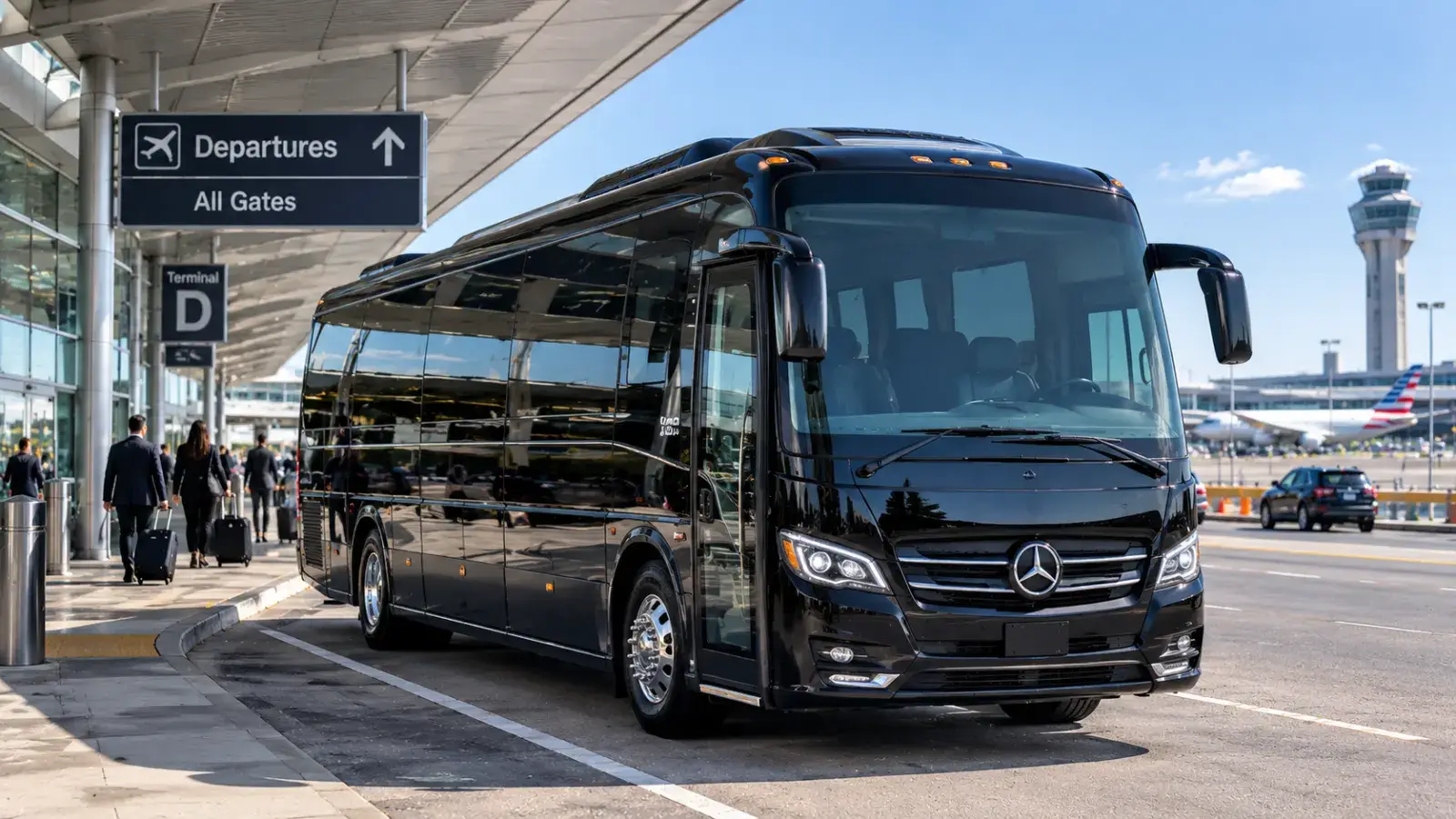 Luxury shuttle van at airport departures for Dallas airport transfers