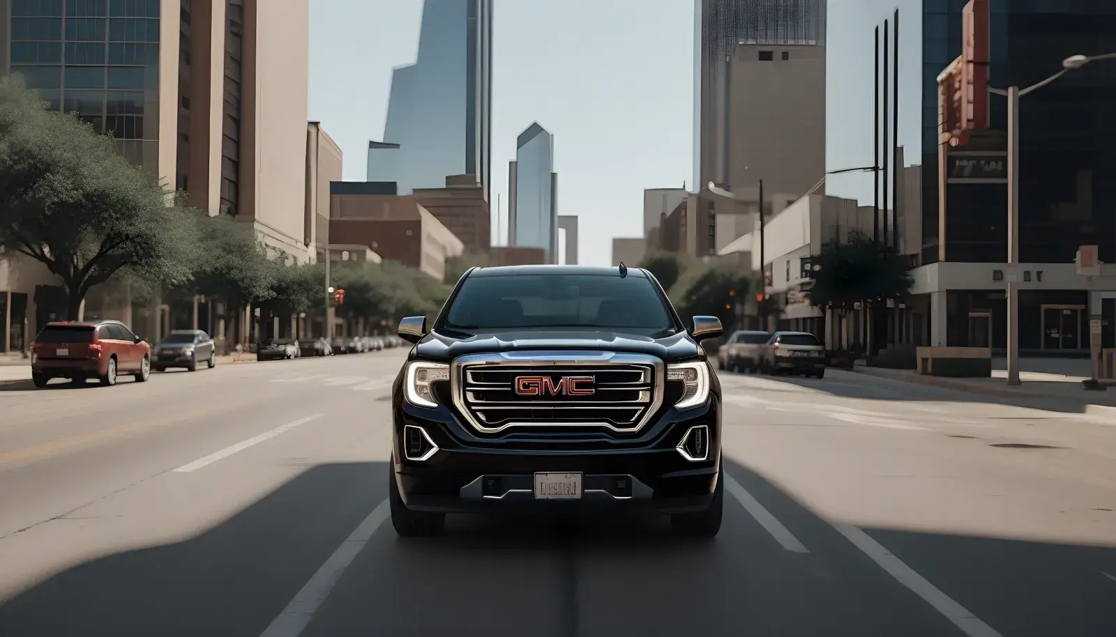 Black GMC Yukon chauffeur SUV on Dallas city streets