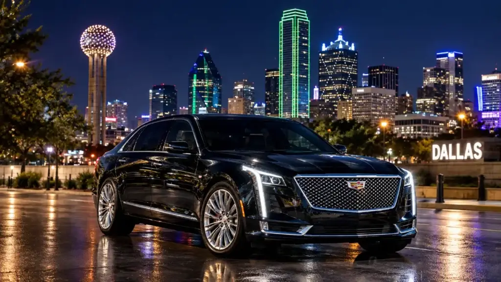 Black Cadillac under Dallas city lights at night