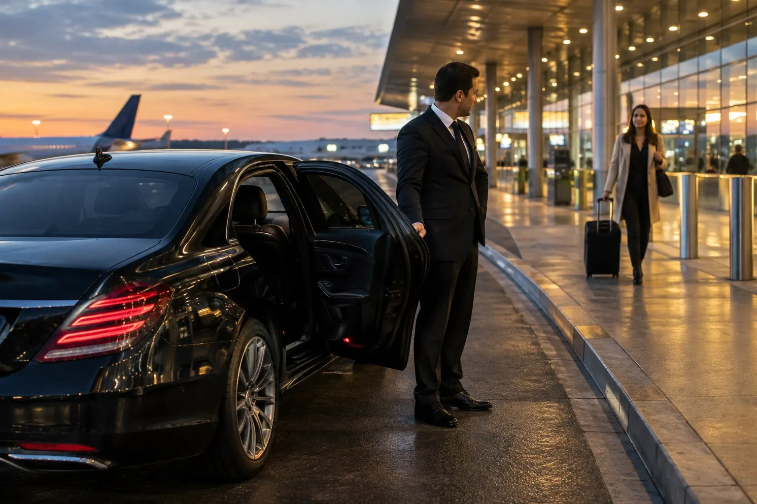 Arlington Limo Service 3 Dallas airport limo chauffeur opening the door of a black luxury sedan at the terminal