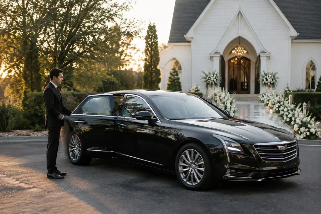 Chauffeured black Cadillac sedan waiting outside a wedding chapel in Dallas