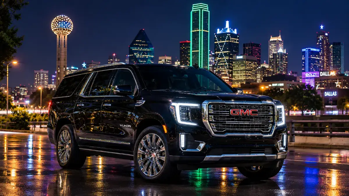Dallas City Tours in Ultimate Comfort 2 Black GMC Yukon under Dallas city lights at night