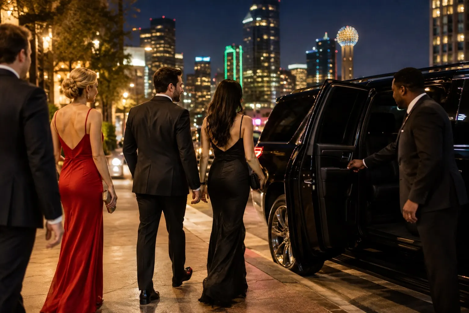 Guests in evening wear arriving by chauffeured SUV for a special event in Dallas