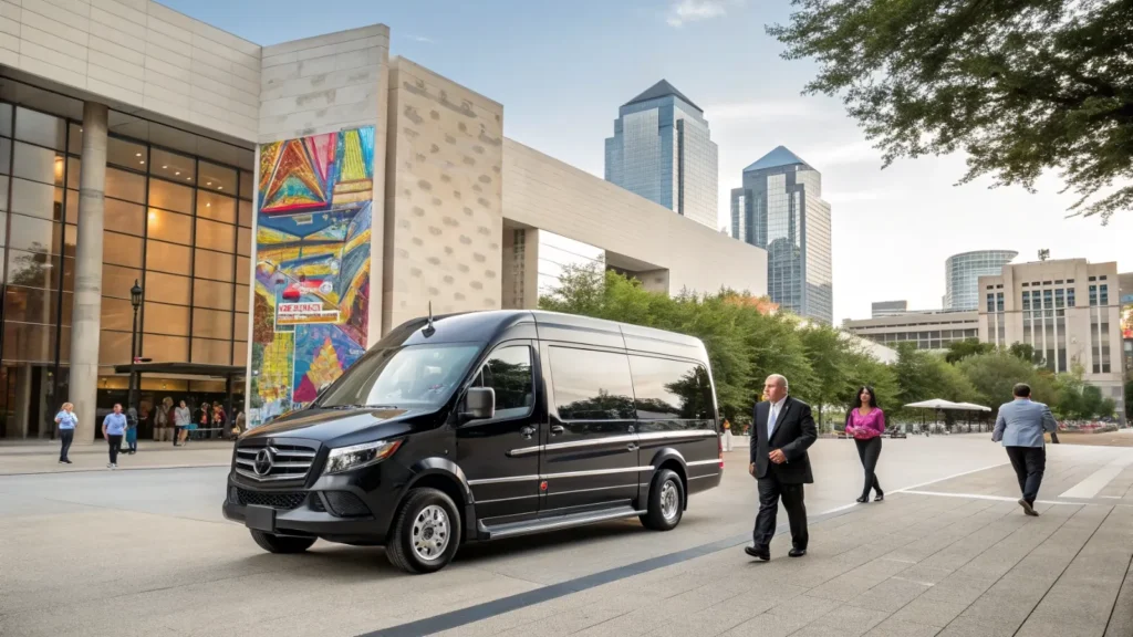Dallas City Tours in Ultimate Comfort 66 Luxury van for city tours in Dallas Arts District
