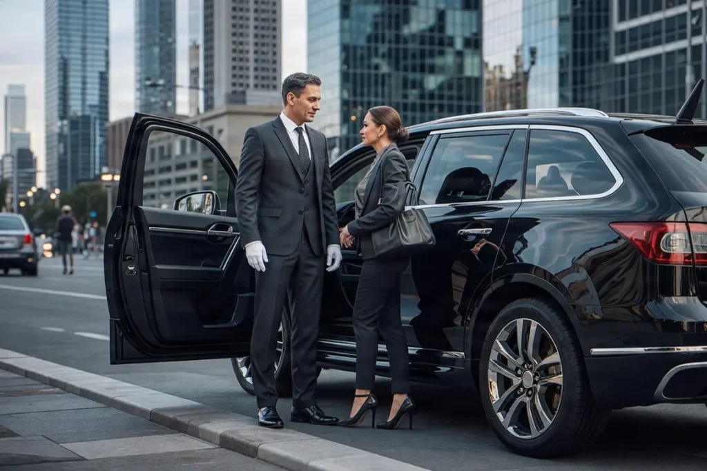 Professional chauffeur opening a door for a business executive in Dallas