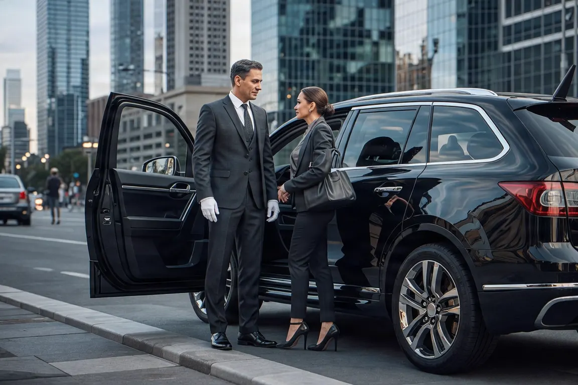 Professional chauffeur opening a door for a business executive in Dallas