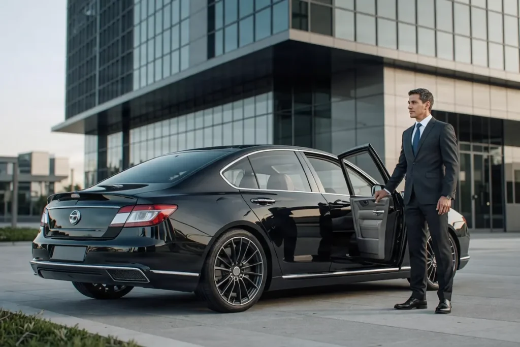 Luxury black sedan for corporate transportation in Dallas, professional chauffeur holding door open for executive passenger, city skyline background, high-end luxury feel.