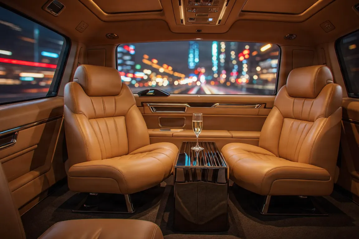 Dallas City Tours in Ultimate Comfort 3 Close-up of a luxury car interior with leather seats and ambient lighting.