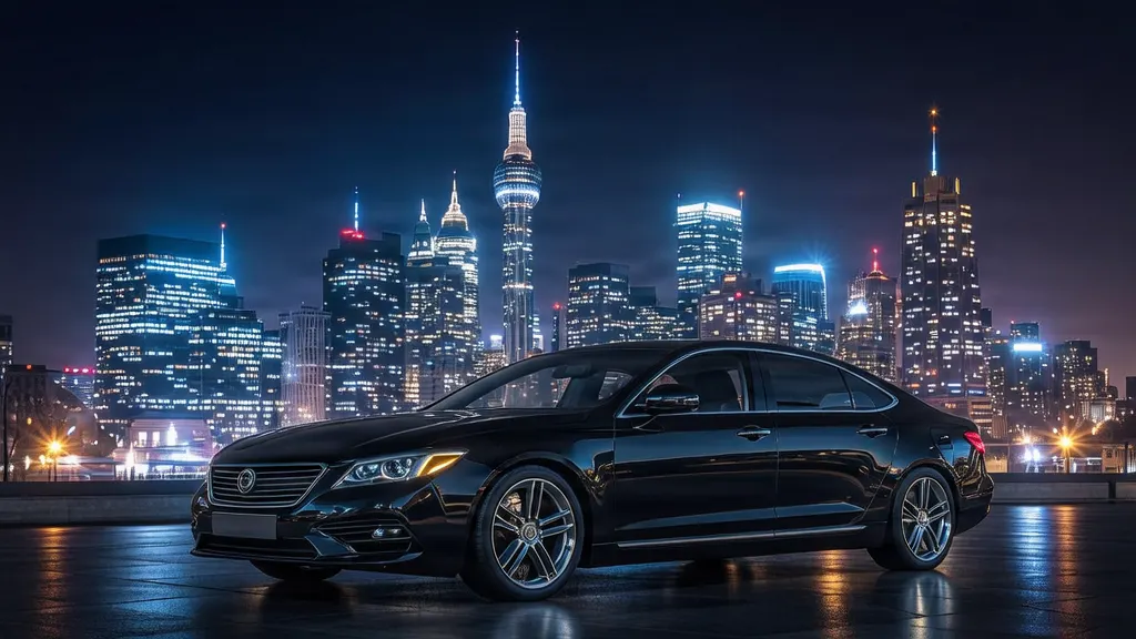 Dallas skyline at night with luxury car in foreground