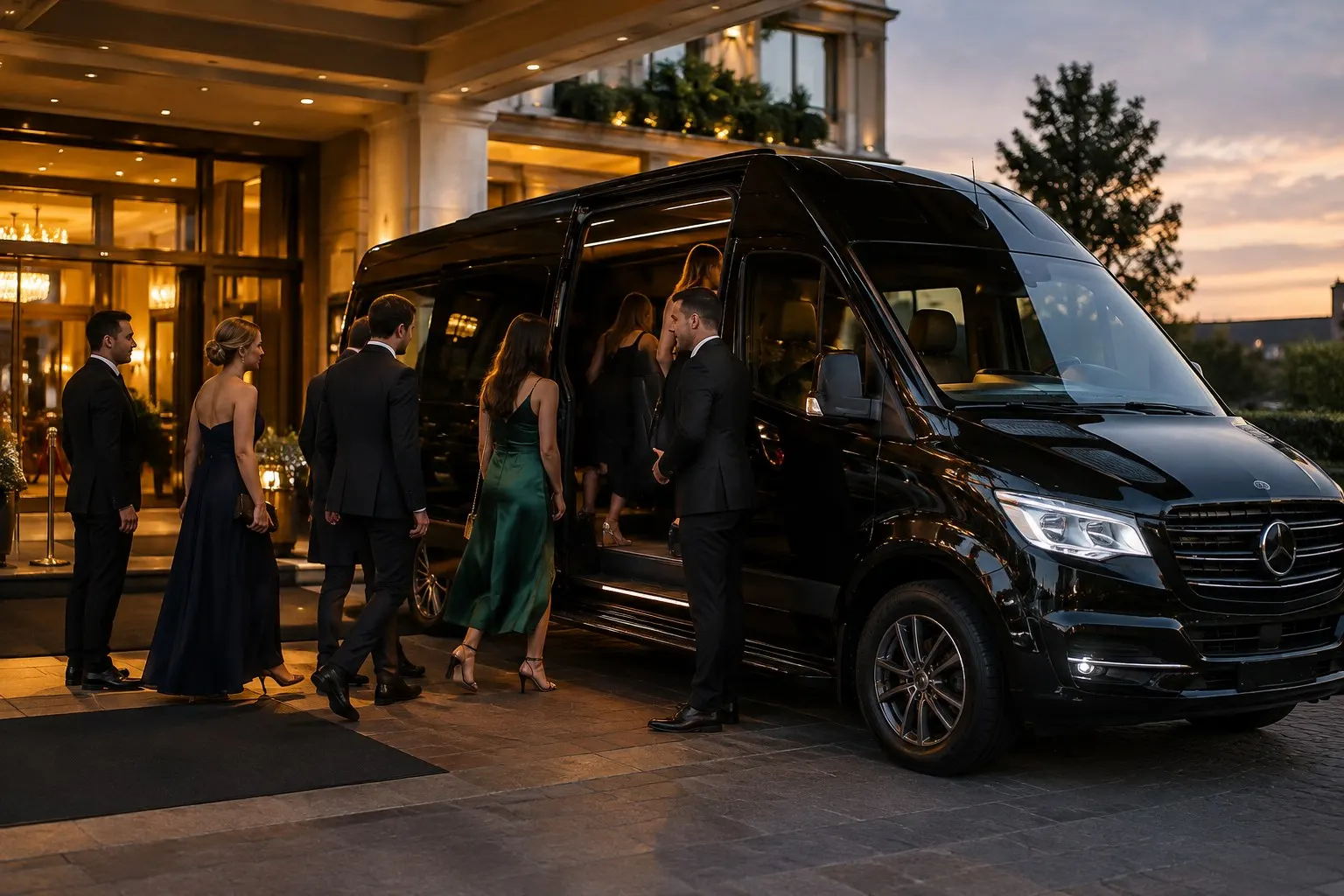 Wedding guests boarding a black Sprinter van shuttle at a Dallas hotel